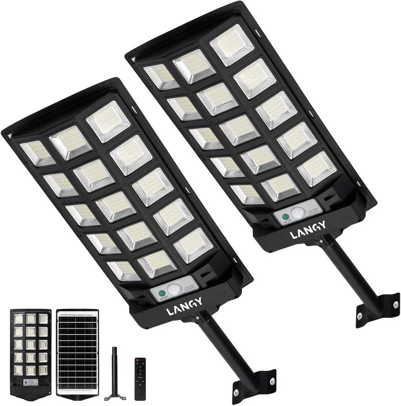 LANGY Solar Lights Outdoor Waterproof, 6500K Dusk to Dawn Solar Street Lights Outdoor Motion Sensor with Remote Control, LED Security Light for Outside Garden Yard Parking Lot, Oudoor Flood Lights, 2 Pack - Image 1